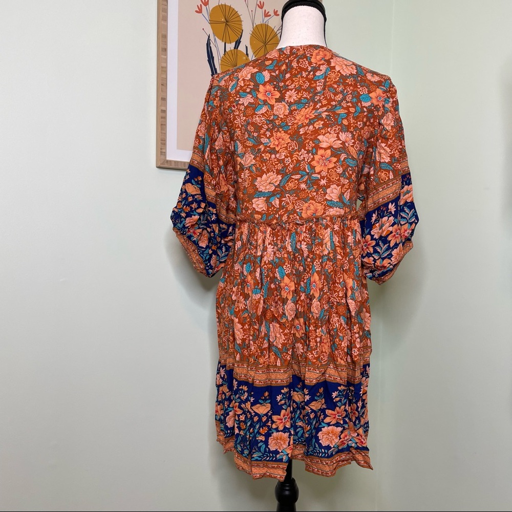 💥Only 1 Left! Rust Orange and Navy Peasant Dress - Picture 2 of 4